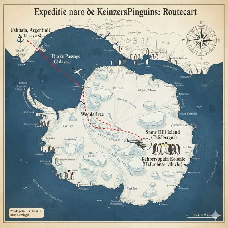 Kaart met route naar Snow Hill Island voor expeditie naar keizerspinguïns op Antarctica.