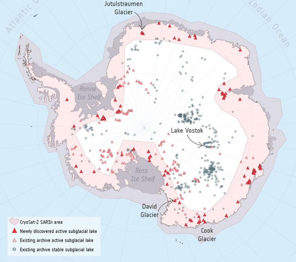 kaart van rivieren en meren onder de ijskap van Antarctica