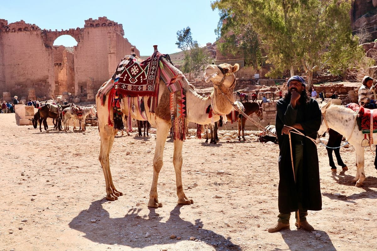 Een kameel met zijn eigenaar in Jordanië.