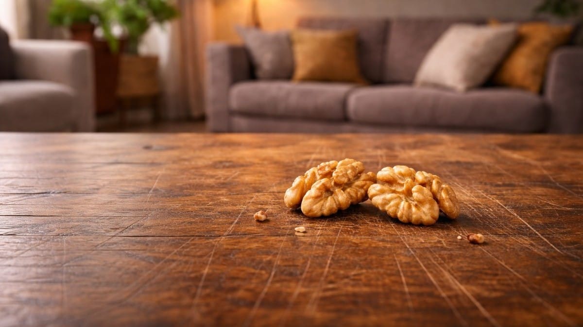 krassen in hout herstellen met een walnoot op een houten tafel.