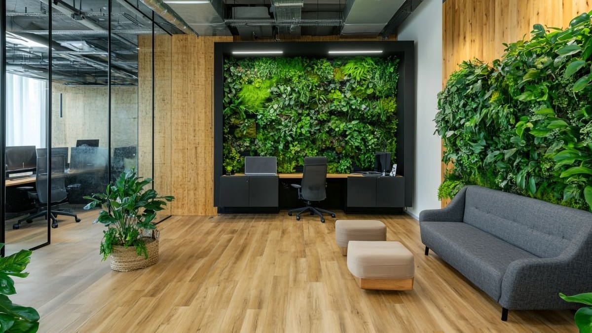 Een biofiel design dat in een werkruimte is toegepast om stress te verlagen.