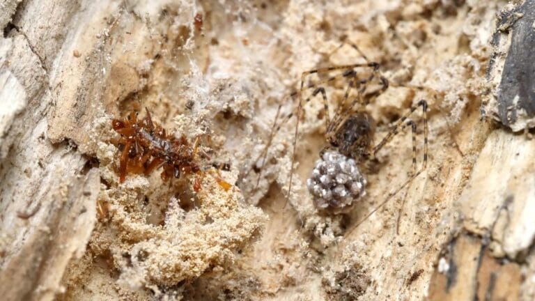 Rups die zich vermomt met insectenresten in een spinnenweb op Hawaï