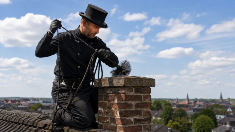 Een schoorsteenveger aan het werk op een Nederlands pannendak