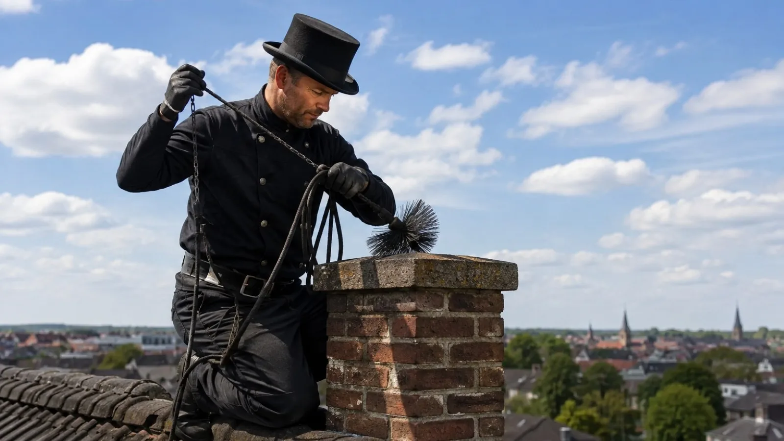 Een schoorsteenveger aan het werk op een Nederlands pannendak